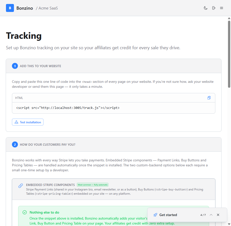 Bonzino tracking setup showing one-line embed code and auto-instrumentation for Stripe surfaces